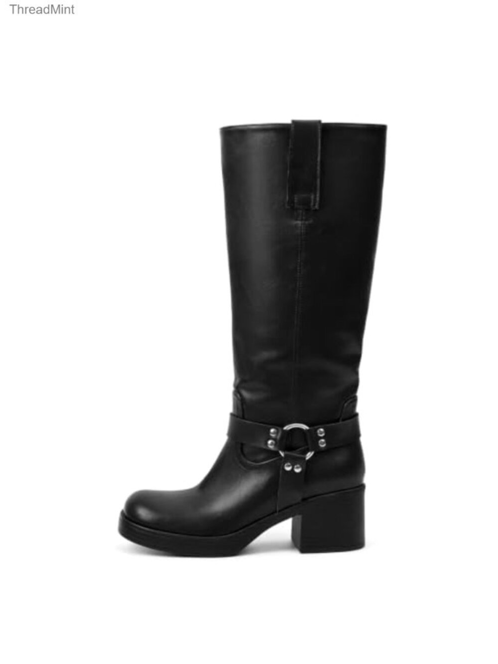 Faux Leather Knee High Riding Boots Chunky Heel Side Zipper Wide Calf
